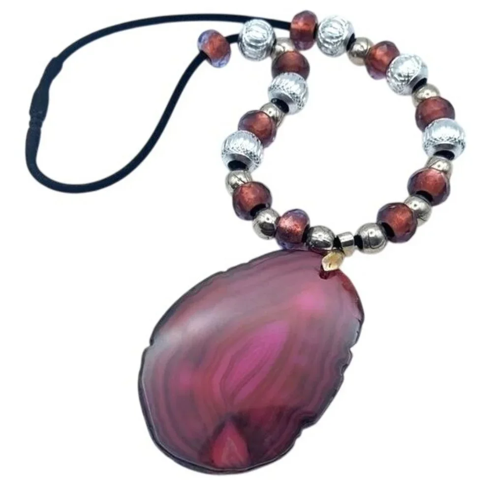 Handmade Wine Agate Slice Swarovski & Silver Tone Beads 18" Velvet Cord Necklace - Picture 4 of 5